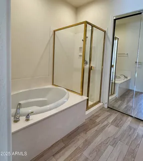 a bathroom with a bathtub and a shower