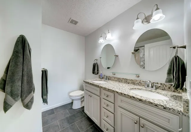 a bathroom with a granite countertop toilet sink and mirror