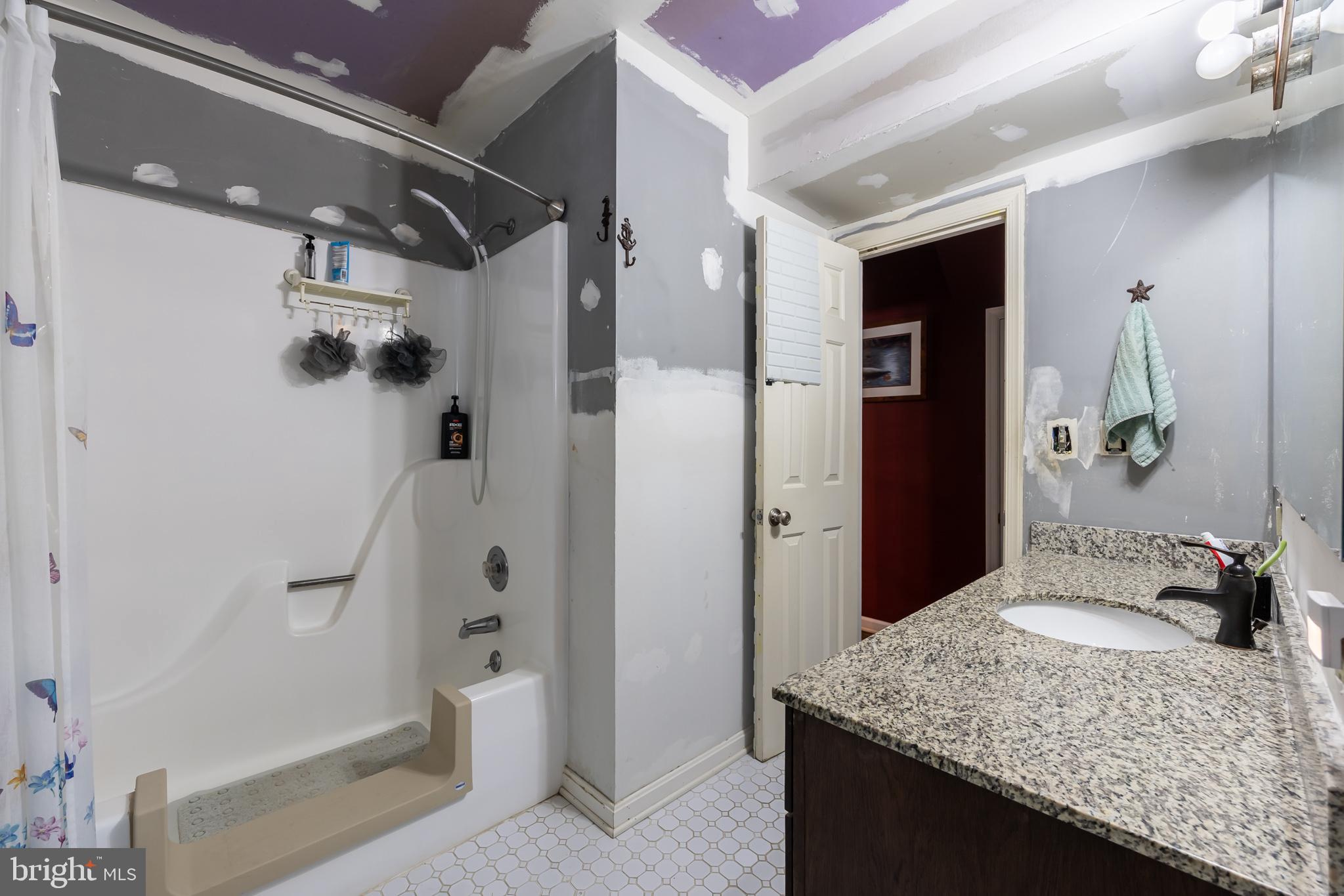 165 Brokenback Mountain Road Free Union, VA 22940 - Photo 35 of 55 a bathroom with a granite countertop sink a mirror and shower