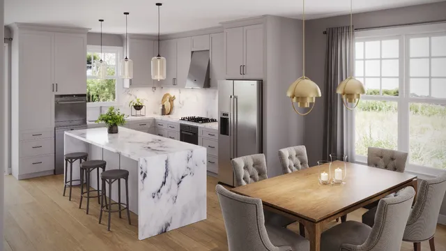 a kitchen with kitchen island white cabinets and stainless steel appliances