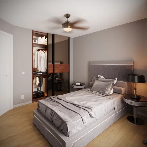 a bedroom with a bed and a mirror