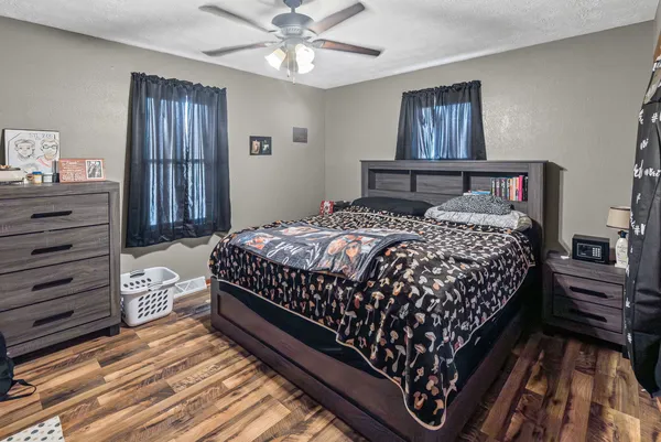 a bedroom with a bed and dresser