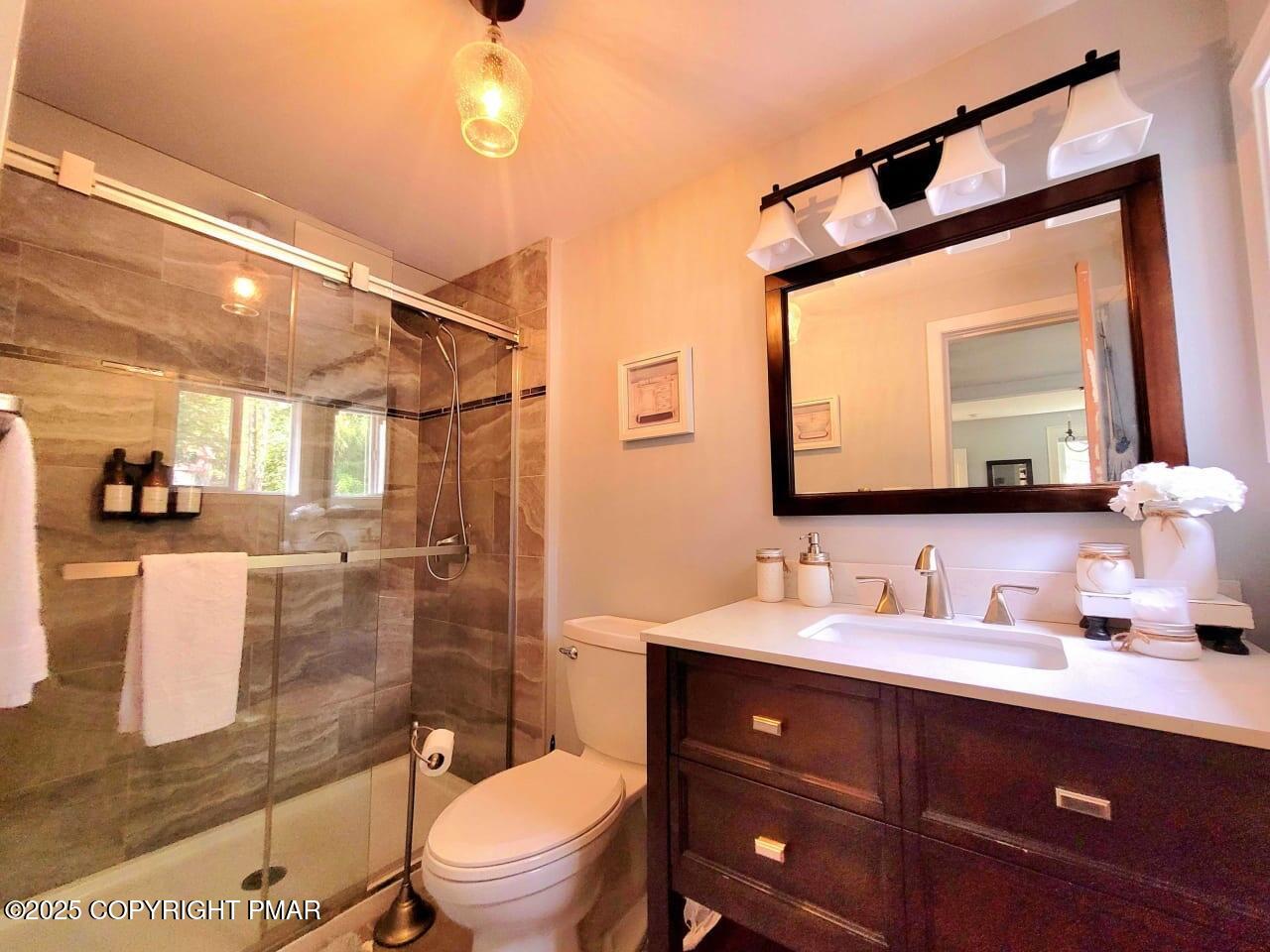 2735 Highway 390 Canadensis, PA 18325 - Photo 20 of 55 a bathroom with a toilet a sink a mirror a vanity and shower