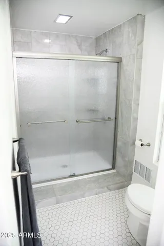 a bathroom with a shower and a toilet