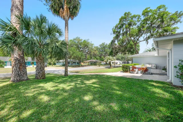 a view of a park with table and chairs and a large tree