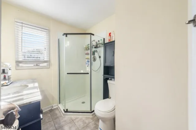 a bathroom with a shower and a toilet