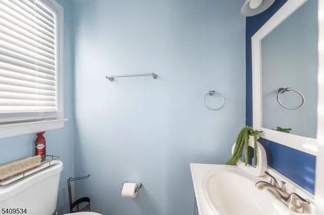 a bathroom with a sink mirror vanity and toilet