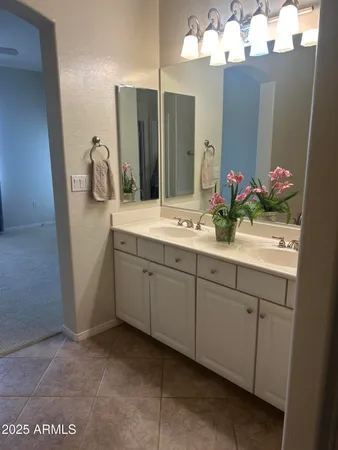 a bathroom with a double vanity sink toilet and a mirror