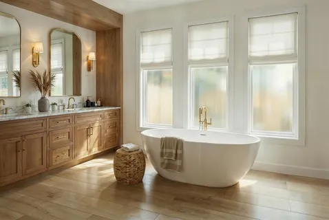 a spacious bathroom with a tub a double vanity sink a mirror and next to a window