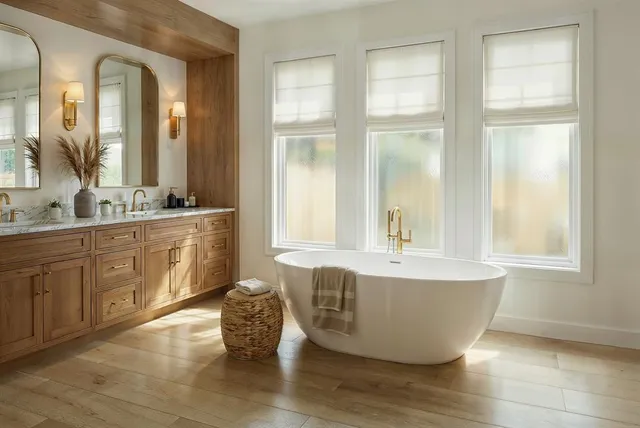 a spacious bathroom with a tub a double vanity sink a mirror and next to a window