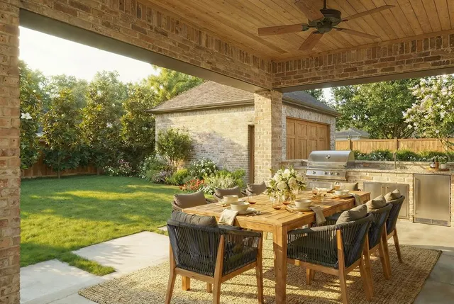a view of an outside dining space with furniture and garden view