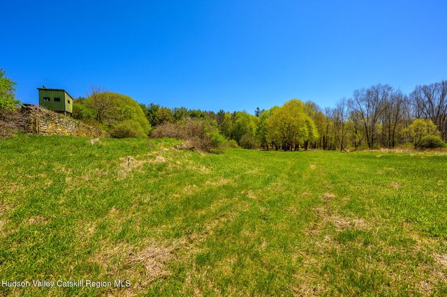 a view of a grassy field with trees in the background