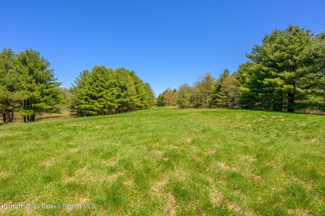a view of a green field with trees in the background