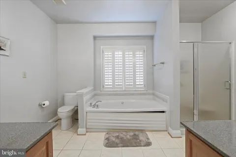 a bathroom with a granite countertop sink a toilet and shower