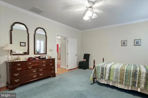 a spacious bedroom with a bed and a dresser