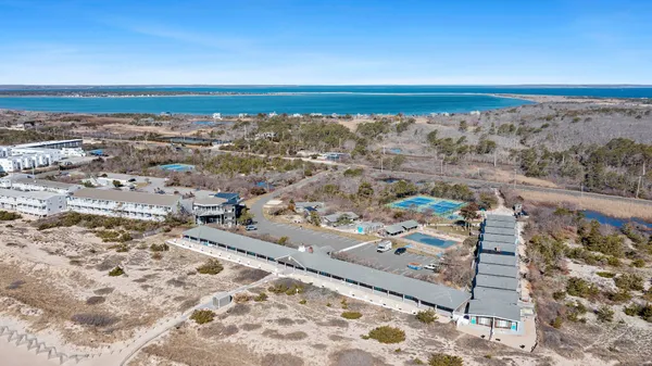 an aerial view of beach and ocean