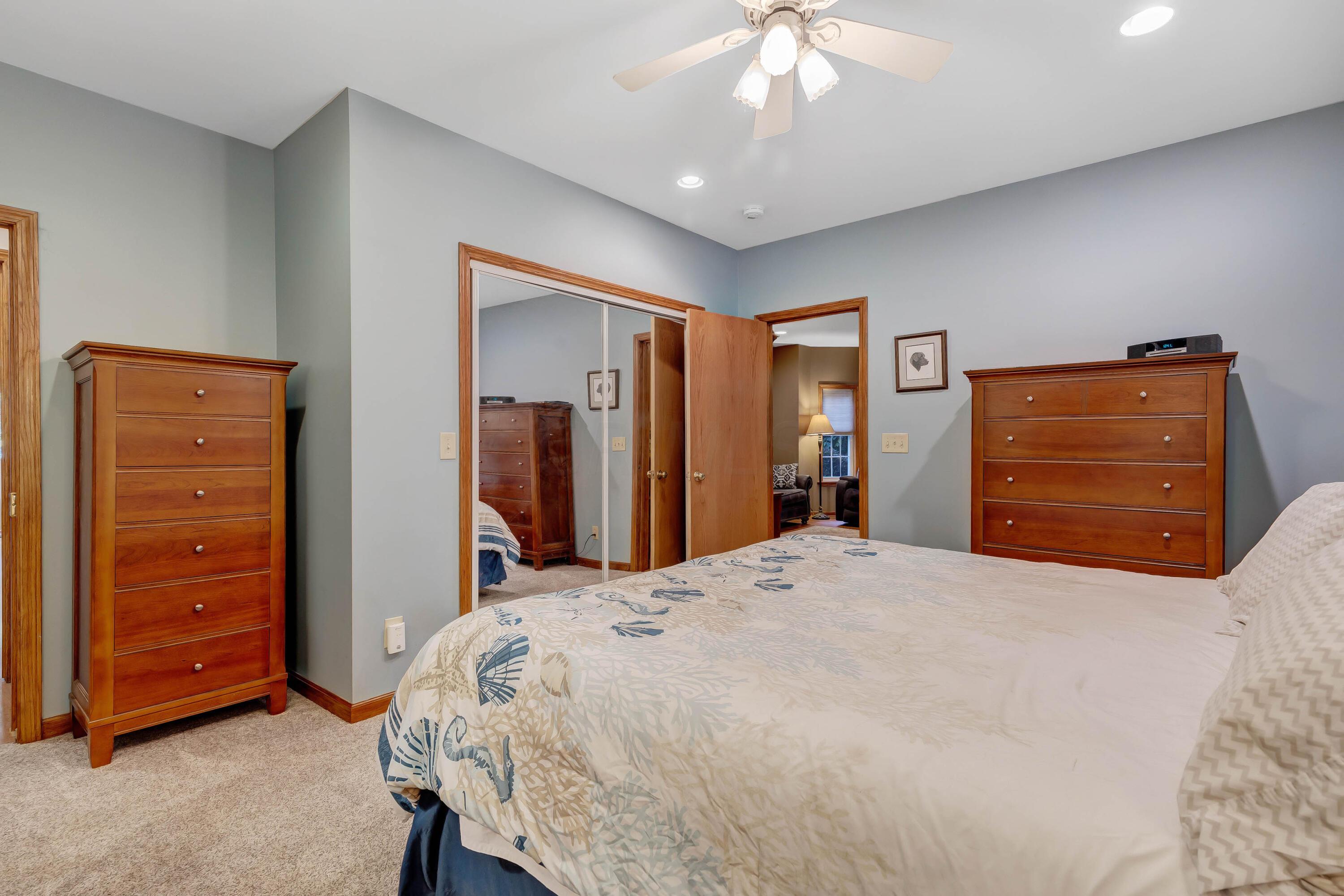 6681 Harlem Road Westerville, OH 43082 - Photo 7 of 78 • New tan carpet ~ 2018 • Blue painted walls • Can lighting • Lighted ceiling fan • Closet with double sliding doors • Pocket door to Hall and Main Bath
