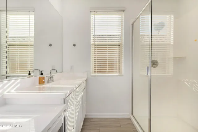a bathroom with a sink a vanity and a shower