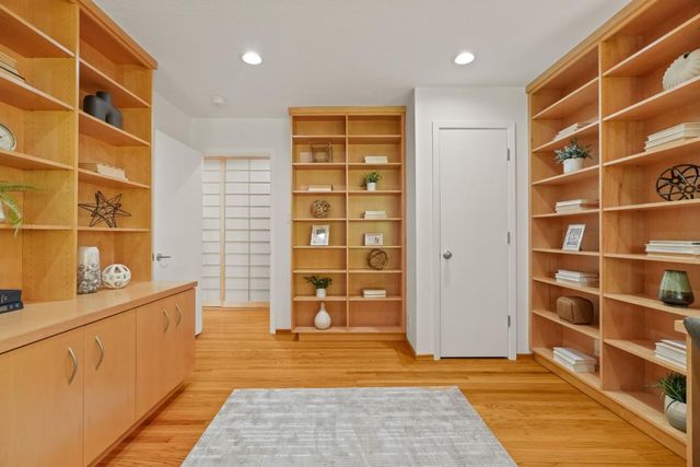 a view of a room with shelves