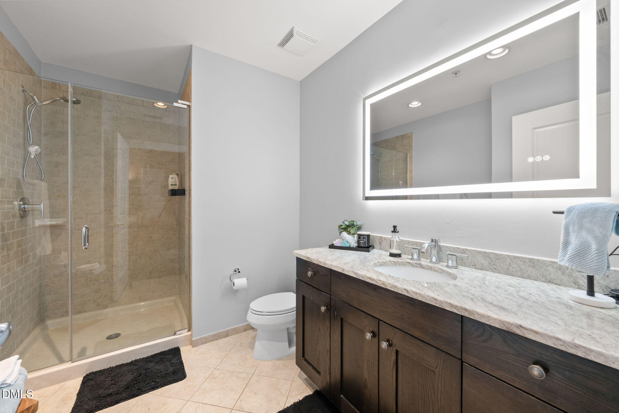 400 West North Street, Unit 1218 Raleigh, NC 27603 - Photo 26 of 41 a bathroom with a granite countertop sink a toilet and shower