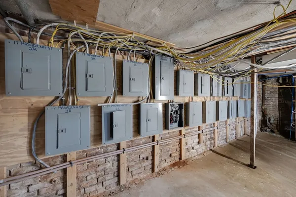 a view of a storage room with stairs