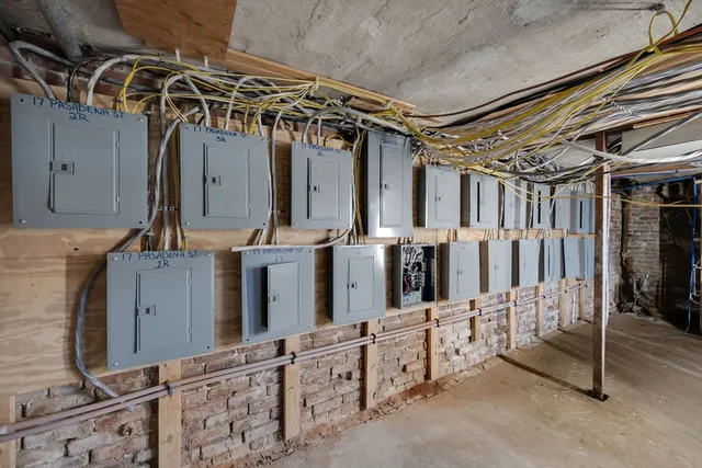 a view of a storage room with stairs