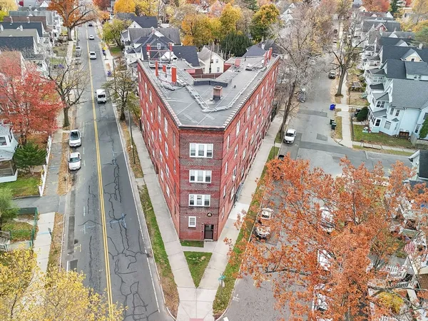 a city view with tall buildings