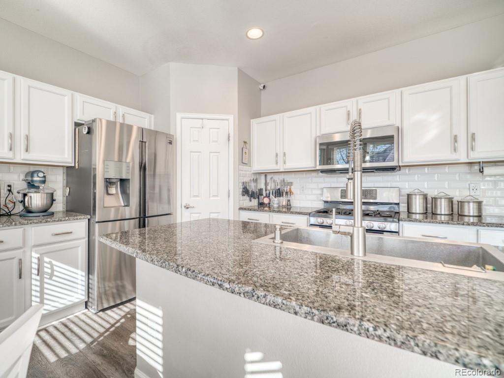 1864 Mountain Maple Avenue Highlands Ranch, CO 80129 - Photo 12 of 35 a kitchen with stainless steel appliances granite countertop a sink refrigerator and cabinets
