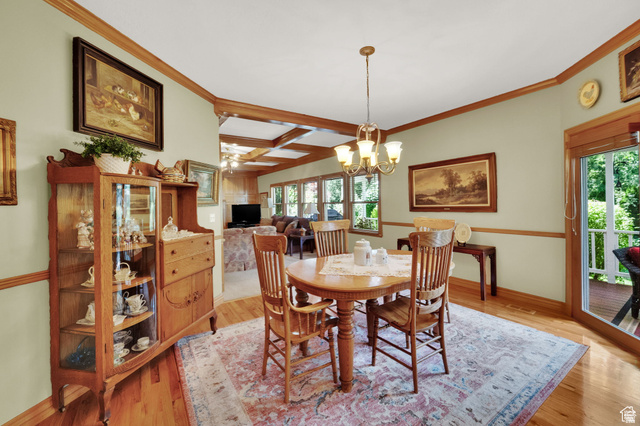 7740 Keswick Road Sandy, UT 84093 - Photo 22 of 74 Dining space featuring wood-finish flooring, crown molding, chair rail, and a brass chandelier