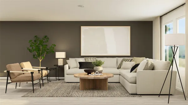 a living room with furniture and a potted plant