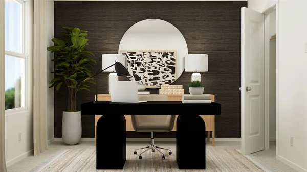 a living room with a table and a potted plant