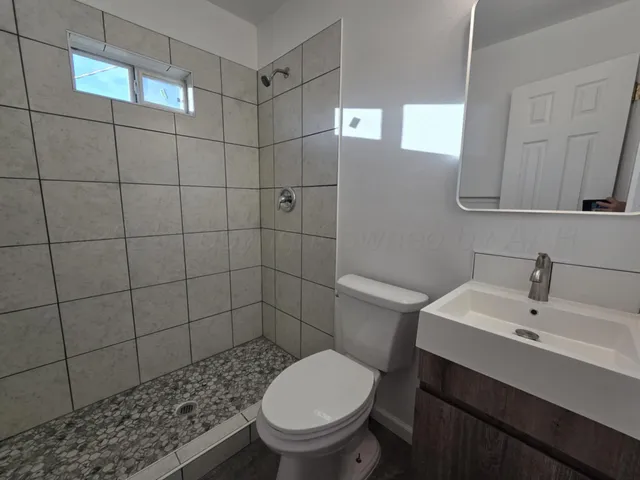 a bathroom with a sink toilet and shower