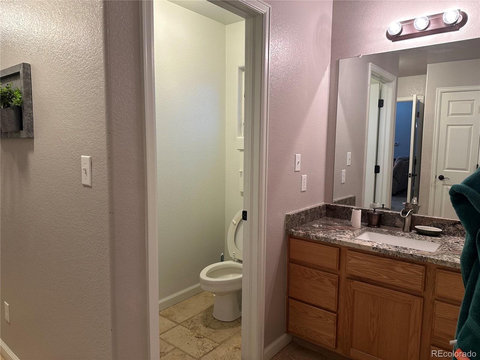 1080 South Dutch Valley Road Bennett, CO 80102 - Photo 6 of 18 a bathroom with a granite countertop sink toilet and shower