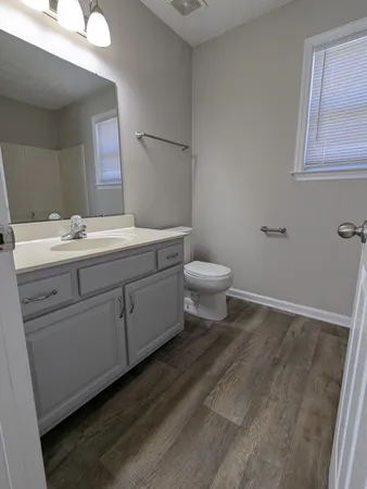a bathroom with a toilet sink and mirror