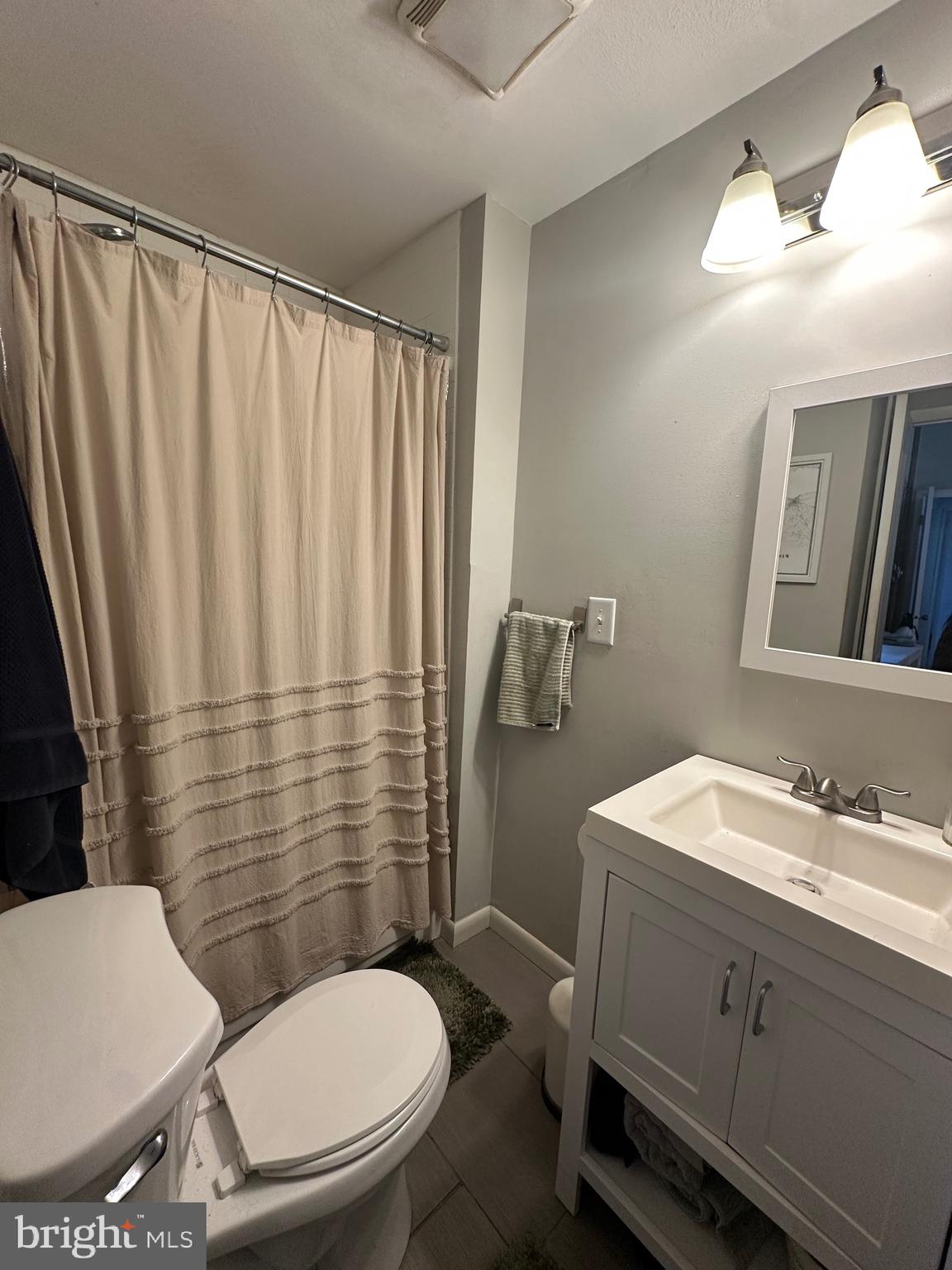 275 Rochelle Avenue, Unit 2 Philadelphia, PA 19128 - Photo 13 of 18 a bathroom with a sink a toilet a mirror and shower curtain