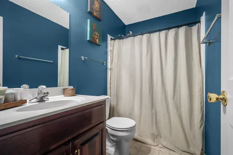 a bathroom with a sink a toilet and shower curtain