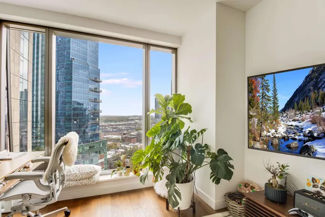 a living room with furniture and a potted plant