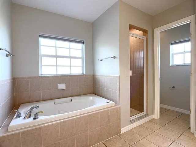 a bathroom with a tub a mirror and a shower