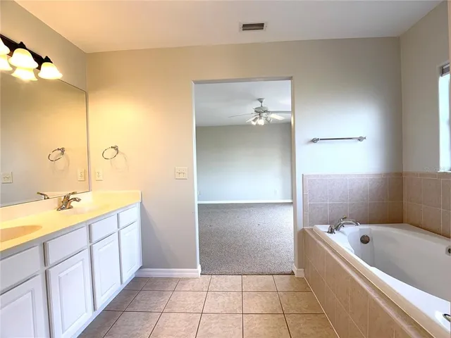 a bathroom with a tub sink and mirror