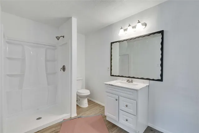 a bathroom with a toilet sink vanity and mirror