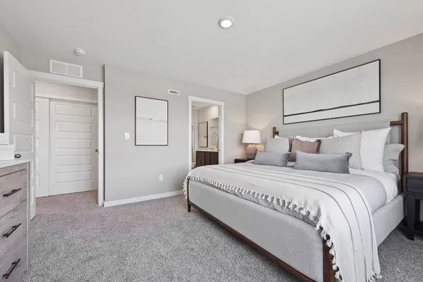 a spacious bedroom with a bed and a cabinets