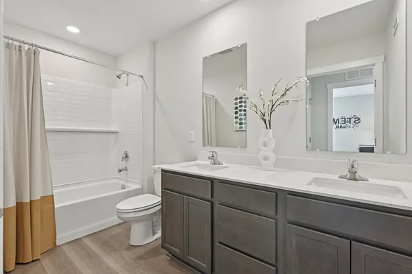 a bathroom with a double vanity sink toilet mirror and bathtub