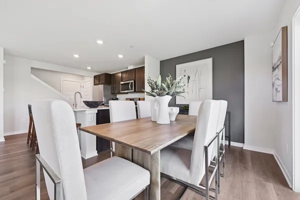 a view of a dining room with furniture
