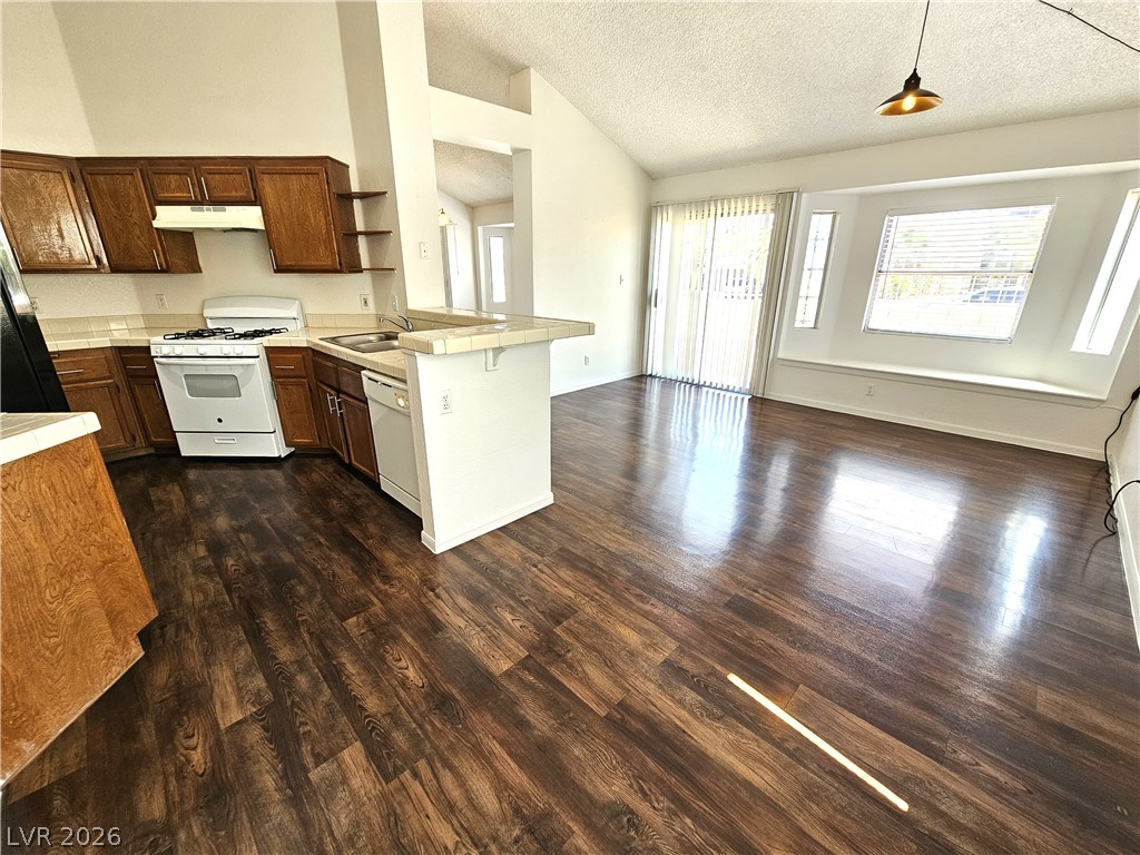 2817 Albemarle Way Henderson, NV 89014 - Photo 3 of 25 An open concept design seamlessly connects the kitchen and living area, featuring rich wood-look flooring.