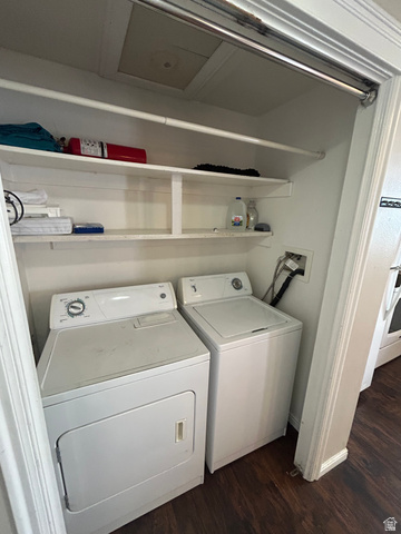 432 Spring Lane Logan, UT 84341 - Photo 15 of 22 Laundry area featuring dark wood-style floors and independent washer and dryer