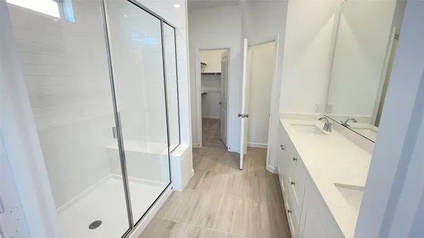a bathroom with a sink a mirror and a shower