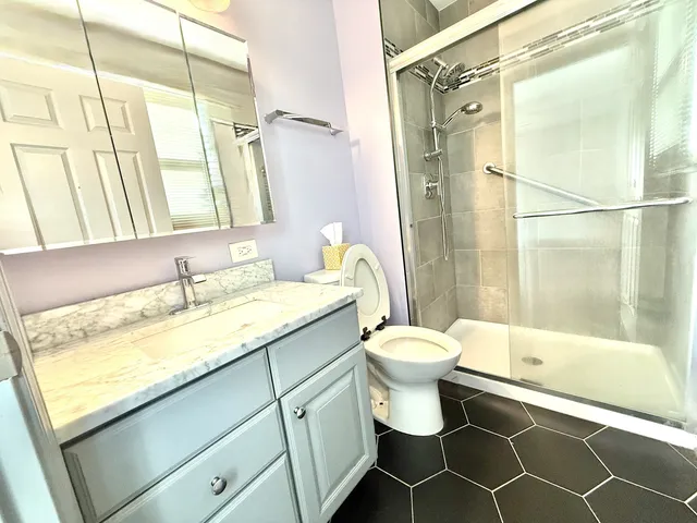 a bathroom with a granite countertop sink toilet and shower