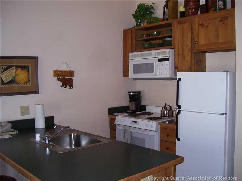 195 River Run Road, Unit 8074 Keystone, CO 80435 - Photo 7 of 21 a kitchen with stainless steel appliances a stove a sink a refrigerator a counter space and cabinets