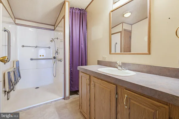 a bathroom with a granite countertop sink a mirror and shower
