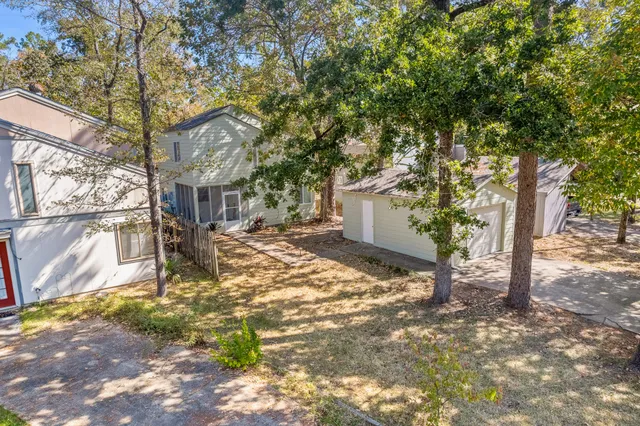 a view of a yard with plants and a tree